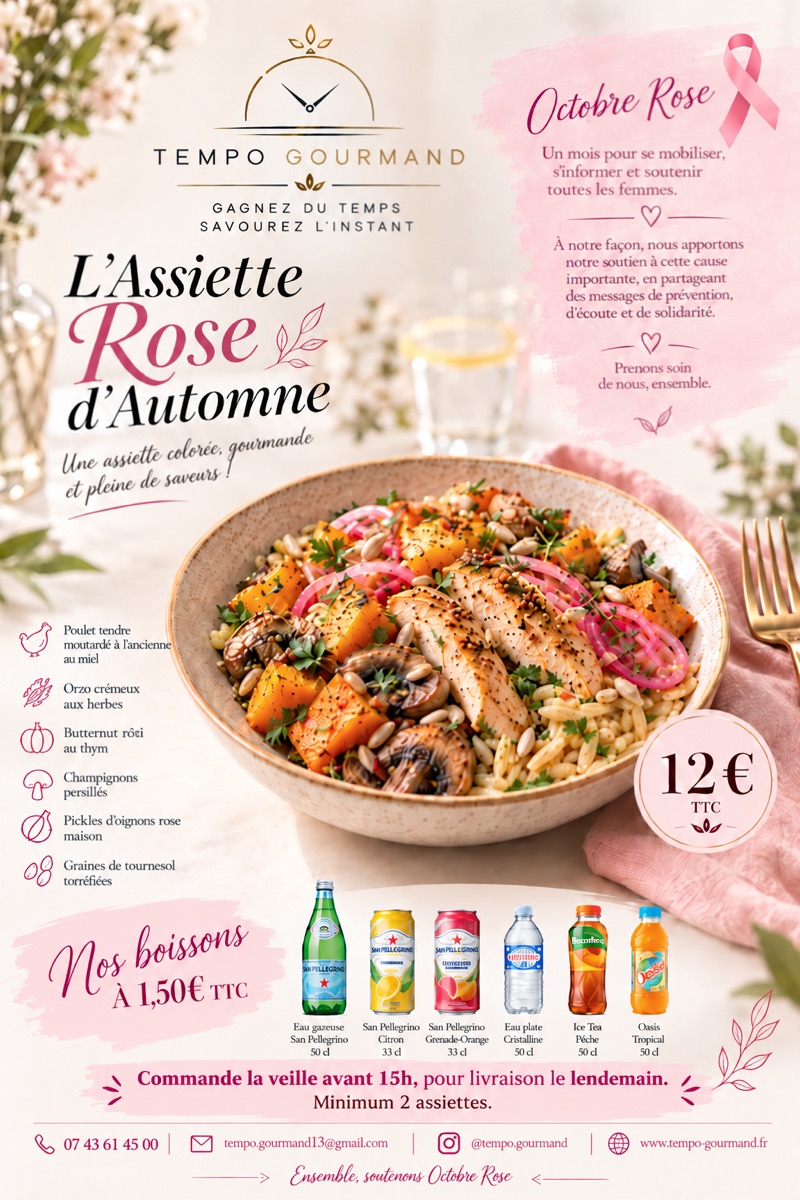 Affiche Tempo Gourmand : L'Assiette Rose d'Automne, 12 € TTC, Octobre Rose